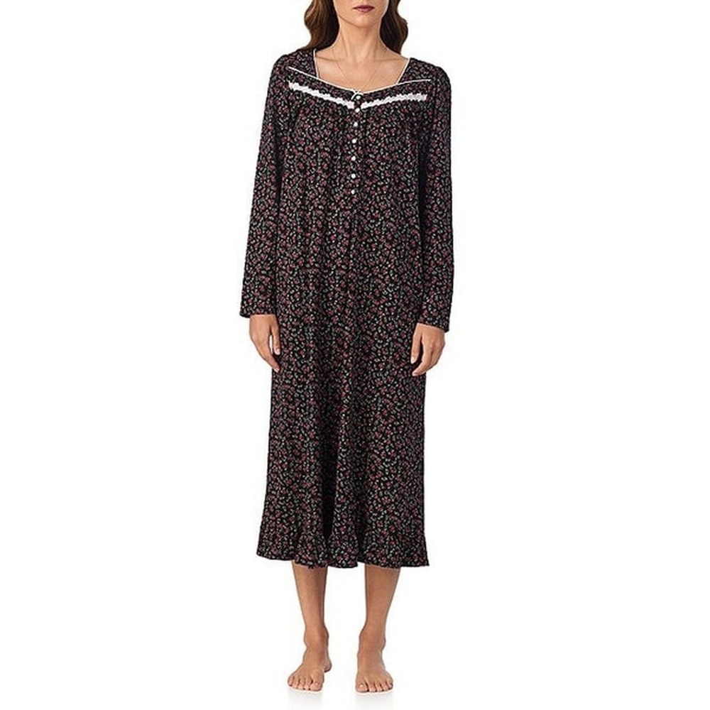 Eileen West Nightgown Black Ditsy Floral Lace Trim Long Sleeve Maxi - XLarge
